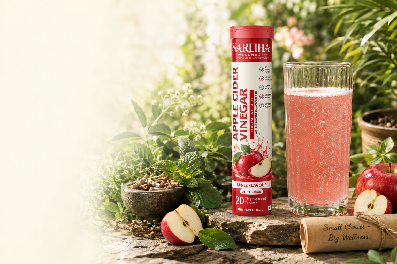 SARLIHA apple cider vinegar tablets with strawberries, sparkling pink drink and fresh herbs